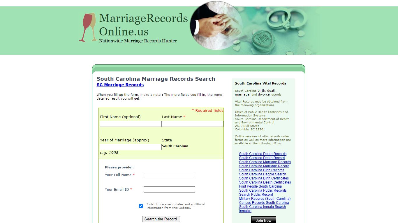 South Carolina Marriage Records Search